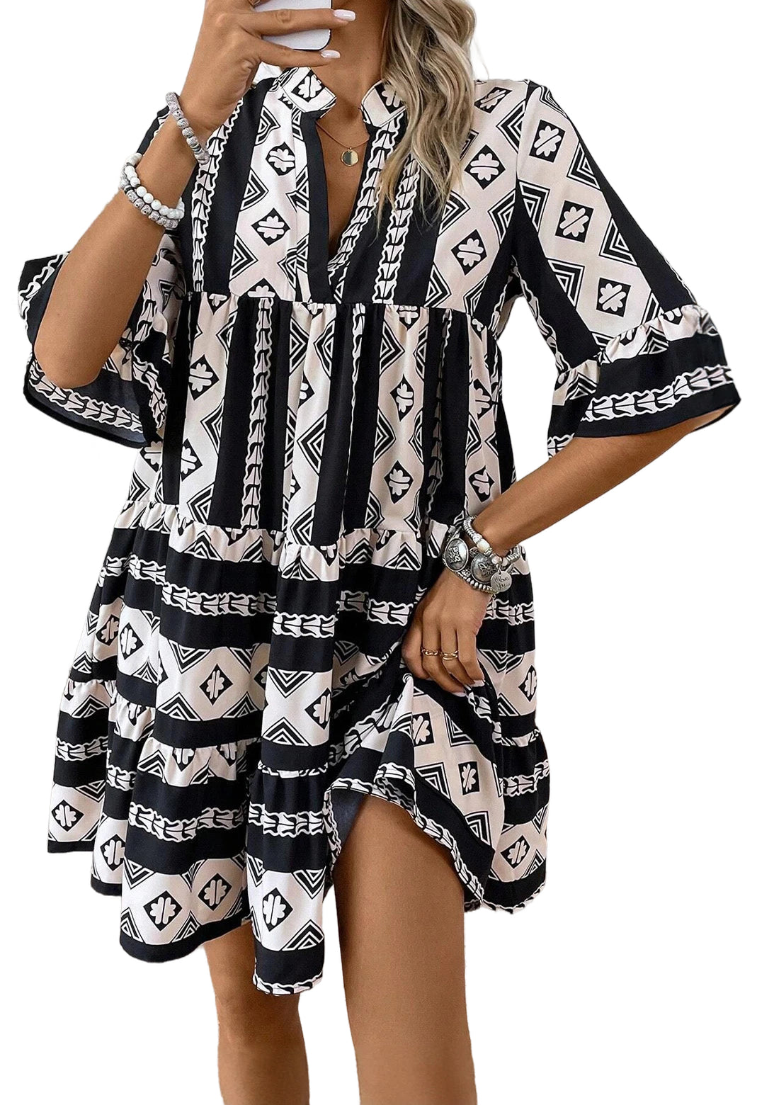 Blue Abstract Print Bell Sleeve V Neck Boho Tiered Dress