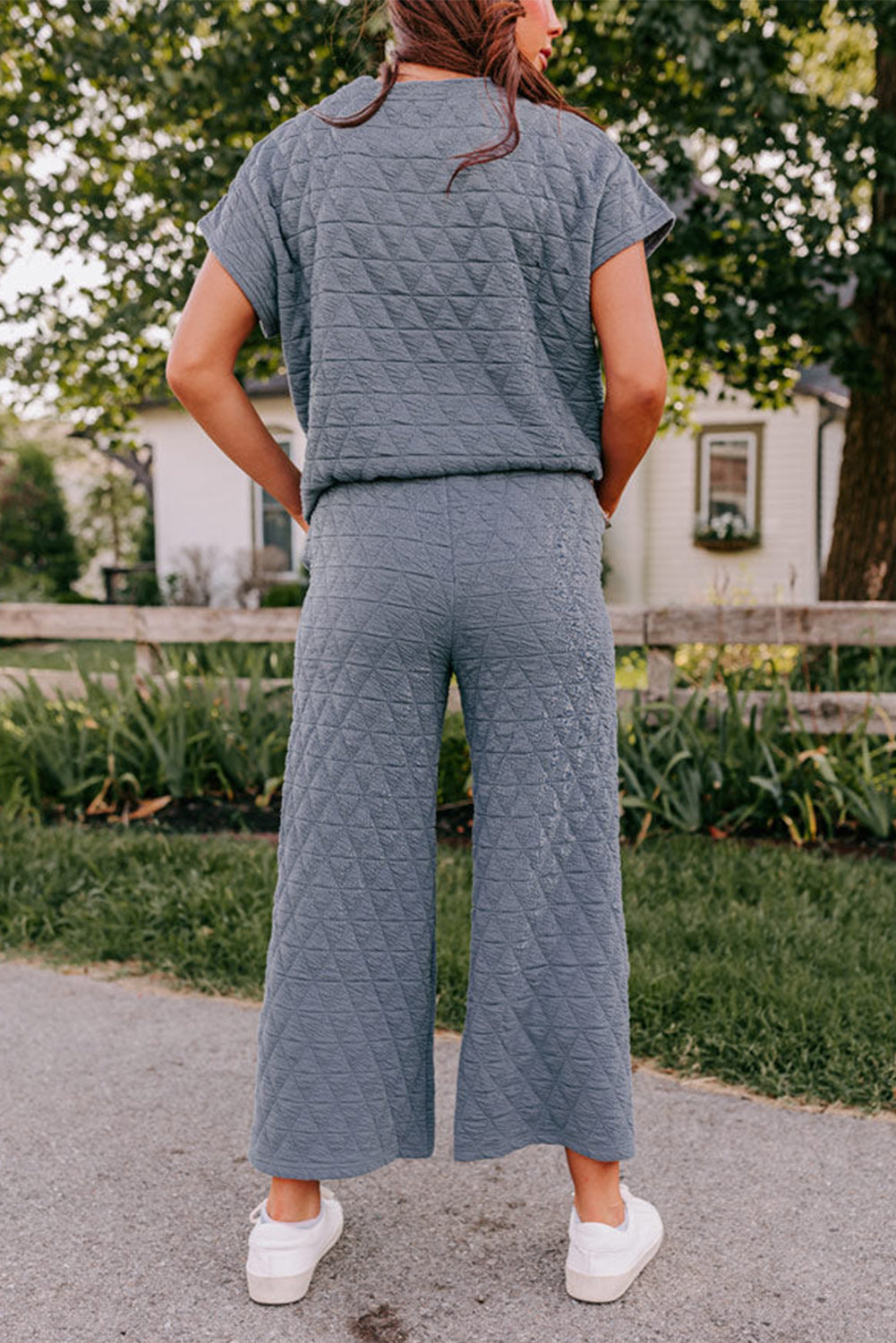 Blue Quilted Textured Short Sleeve Top and Wide Leg Pants Set