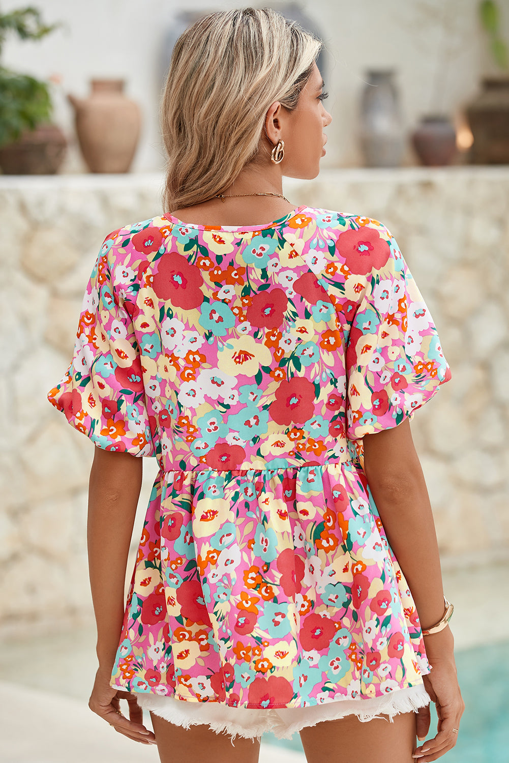 Multicolour Boho Floral Short Puff Sleeve Babydoll Blouse