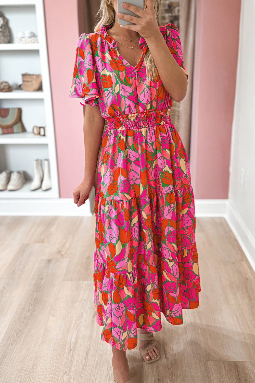 Rose Floral Flounce Sleeve Smocked Waist Tiered Maxi Dress