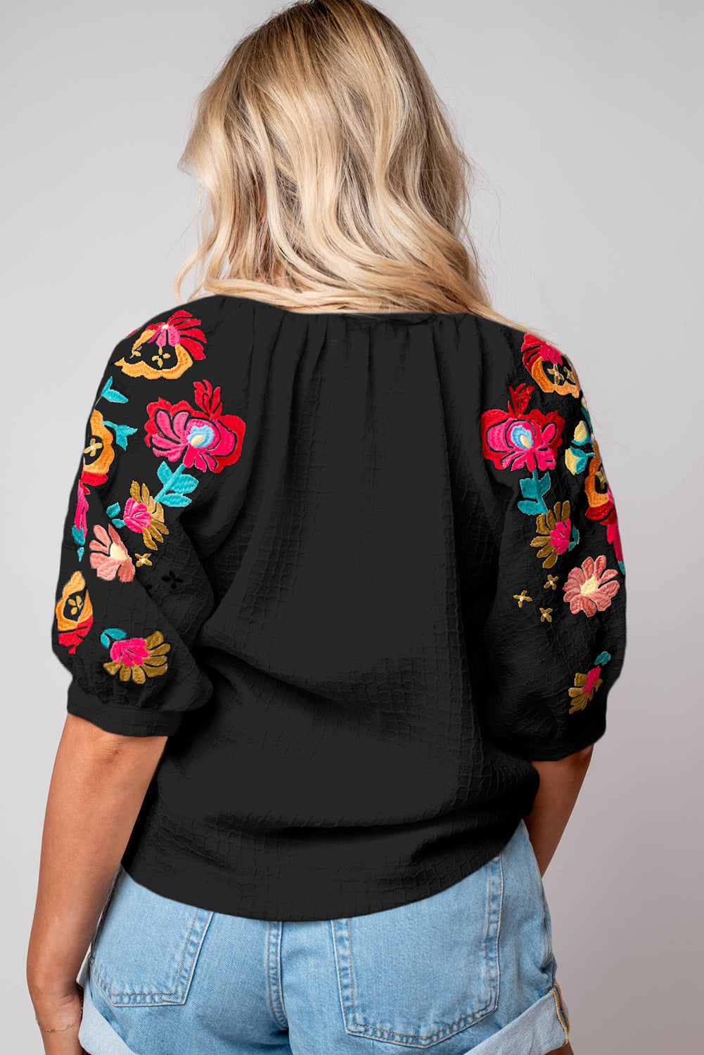 White Floral Embroidered Ricrac Puff Sleeve Textured Blouse