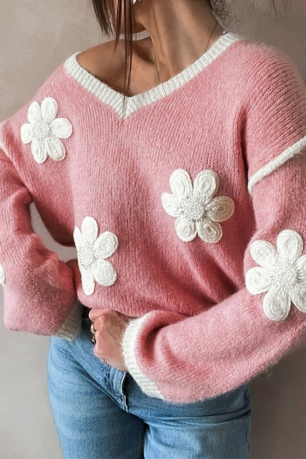 Pink Flower V Neck Dropped Shoulder Sweater