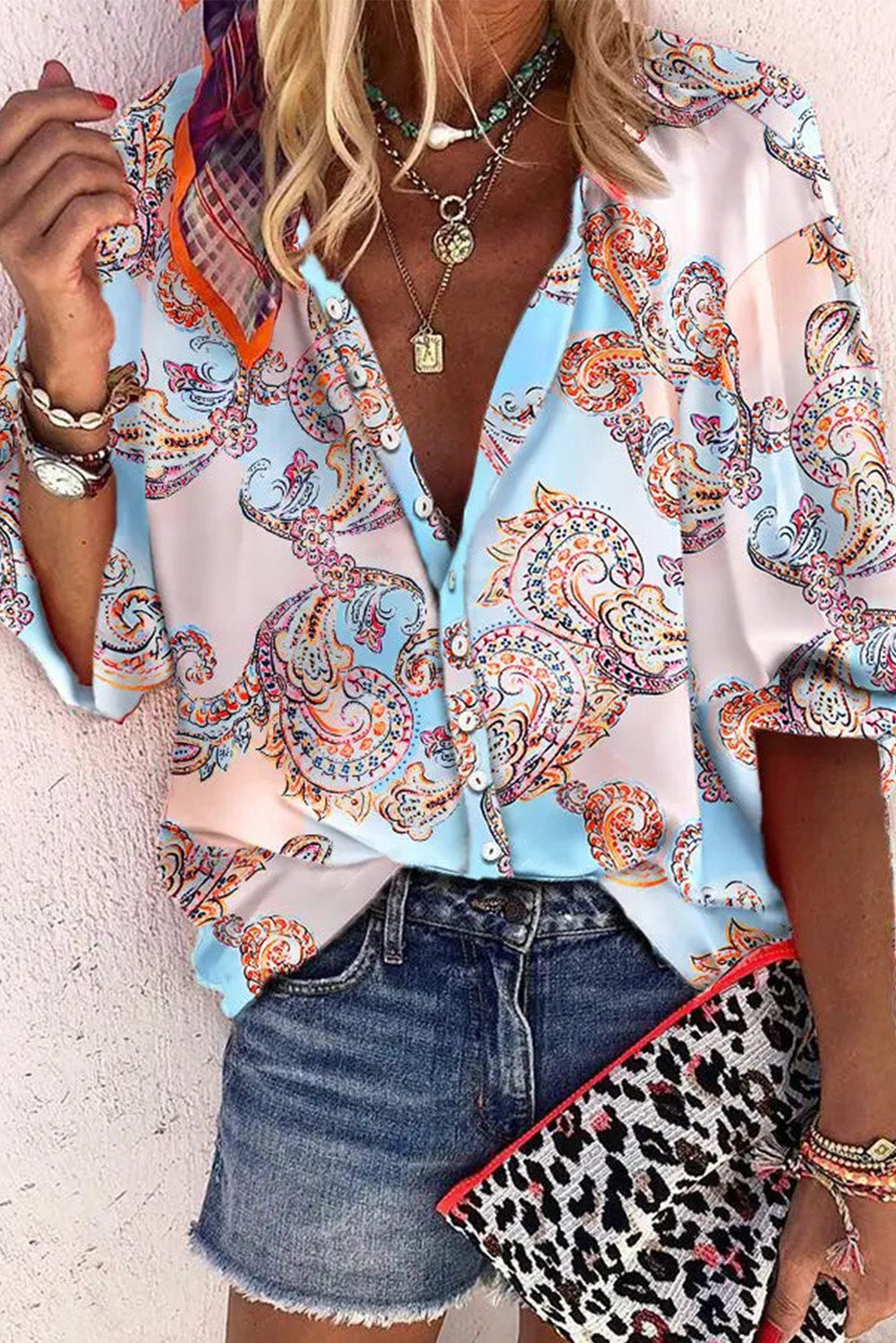 Sky Blue Boho Paisley Print Lantern Sleeve Button-Down Blouse