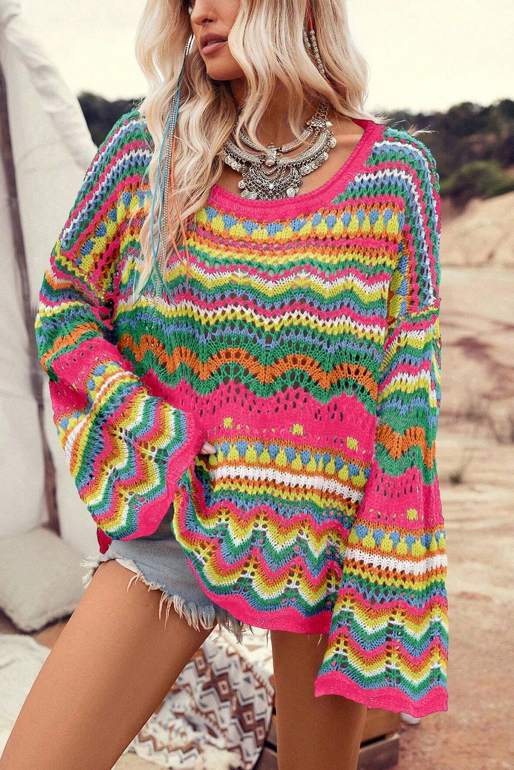 Rose Red Colorblock Striped Hollowed Knit Loose Sweater