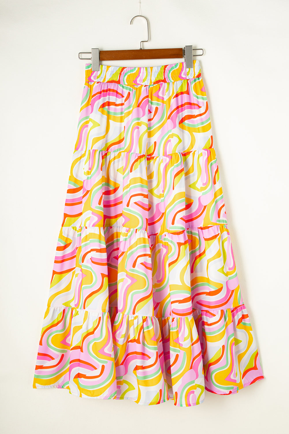 Pink Bohemian Abstract Print Tiered Maxi Skirt