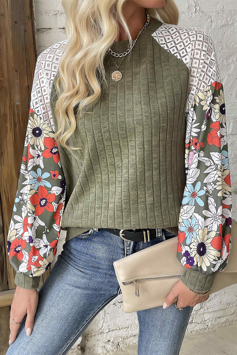 Parchment Floral Patchwork Raglan Sleeve Ribbed Blouse