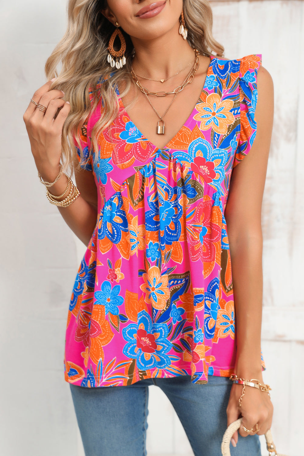 Rose Red Paisley Print Boho Ruffle Hem Sleeveless Shirt