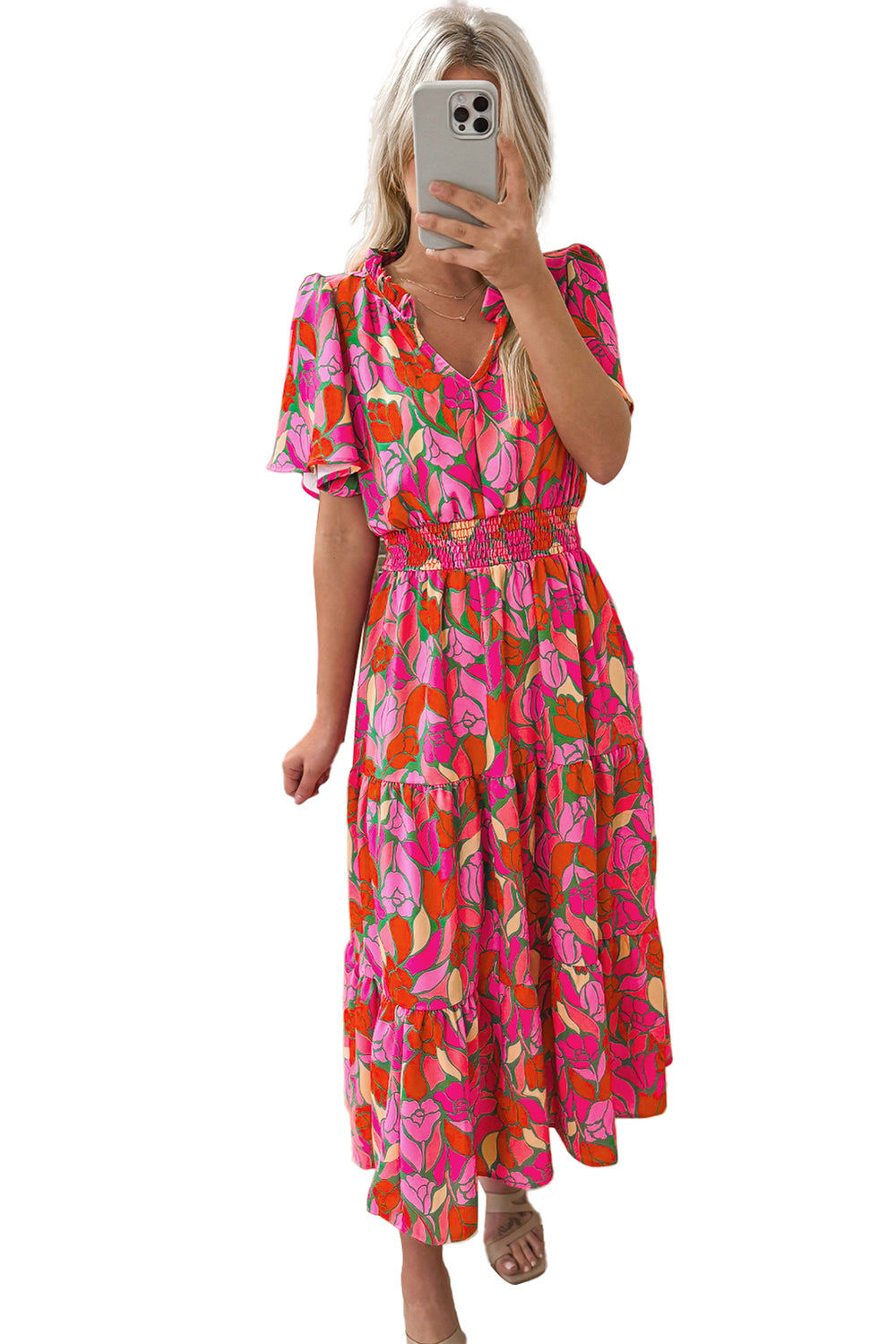 Rose Floral Flounce Sleeve Smocked Waist Tiered Maxi Dress