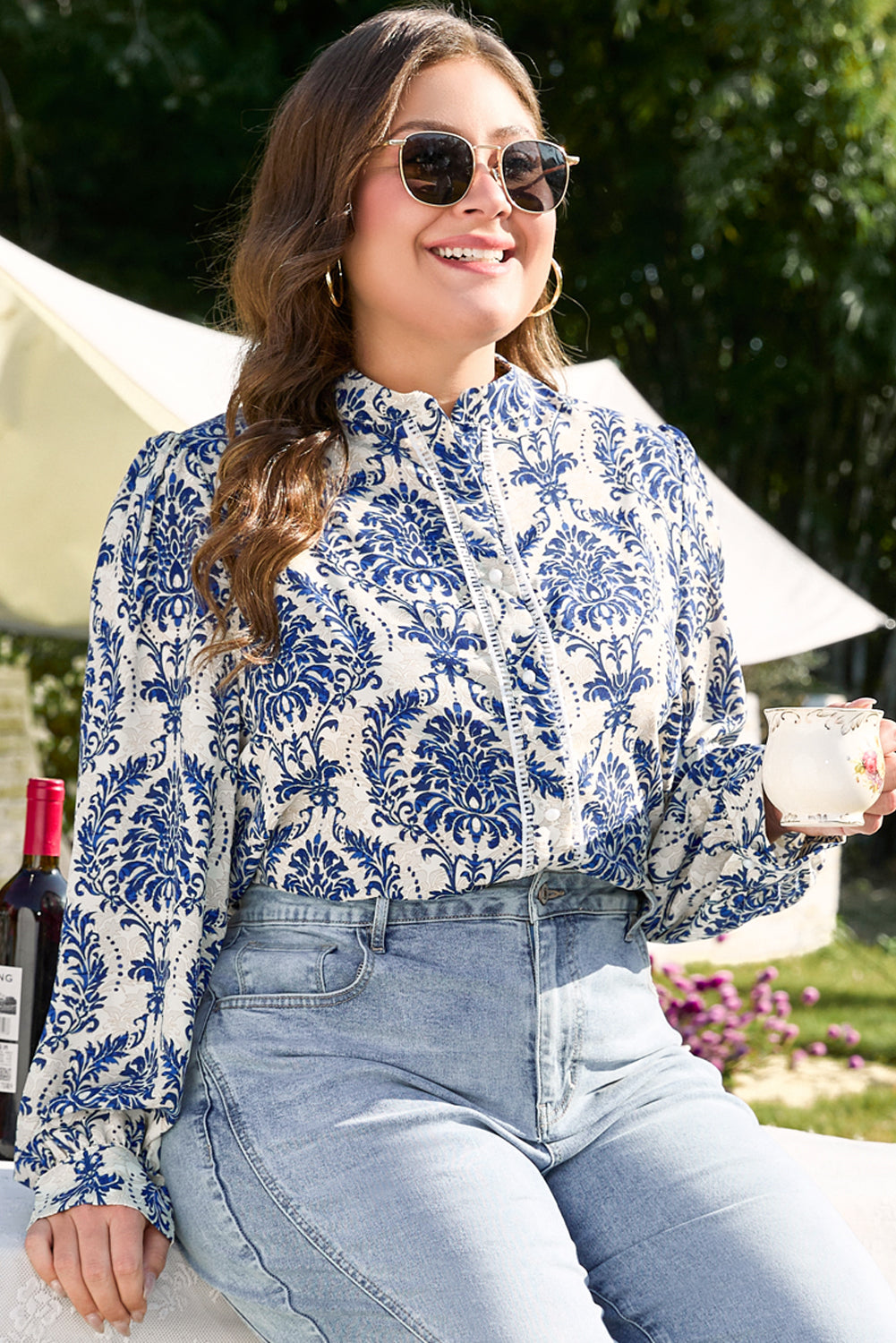 Sky Blue Tribal Pattern Print Notch Neck Buttoned Plus Size Shirt