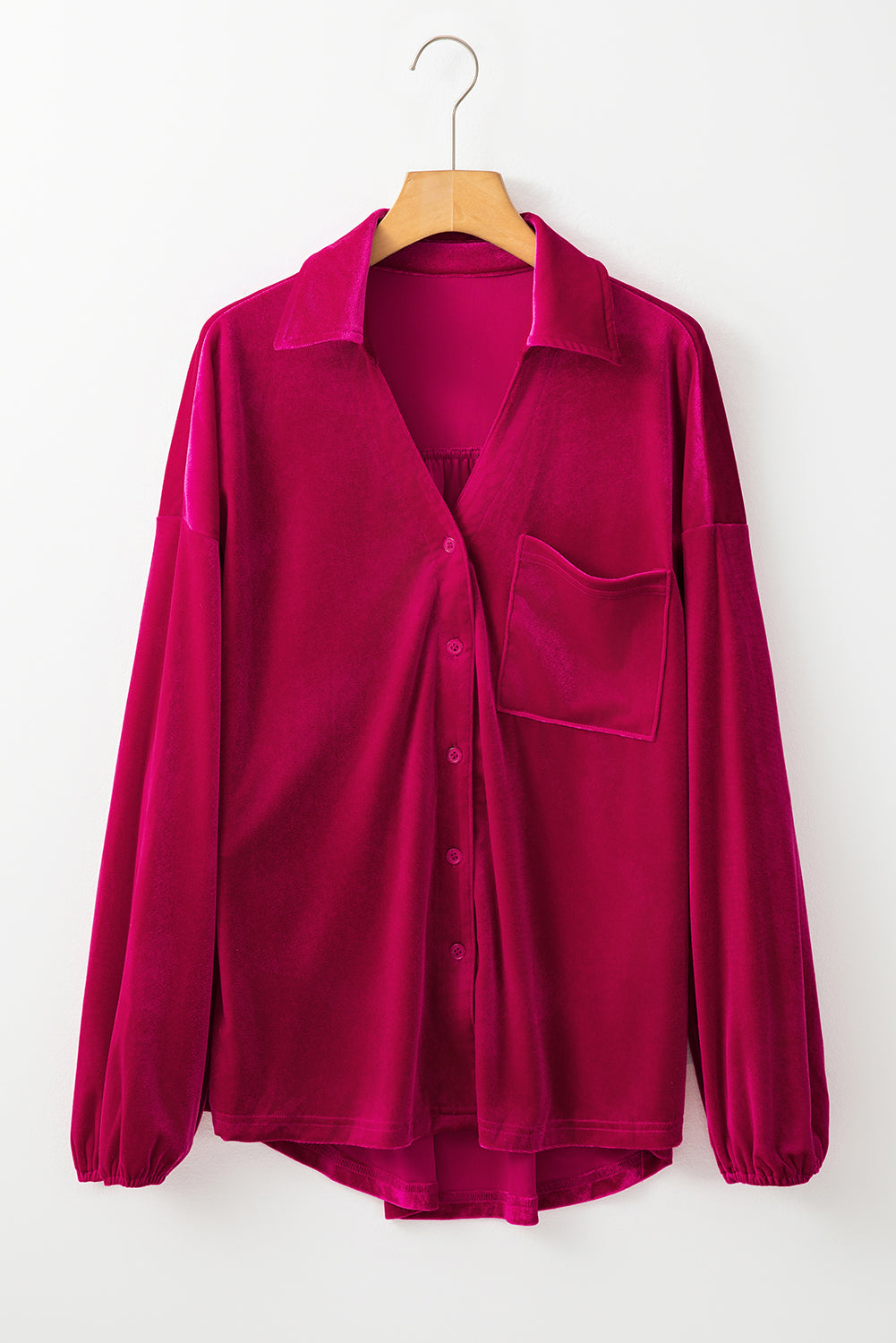 Pitaya Pink Buttoned V Neck Chest Pocket Velvet Shirt