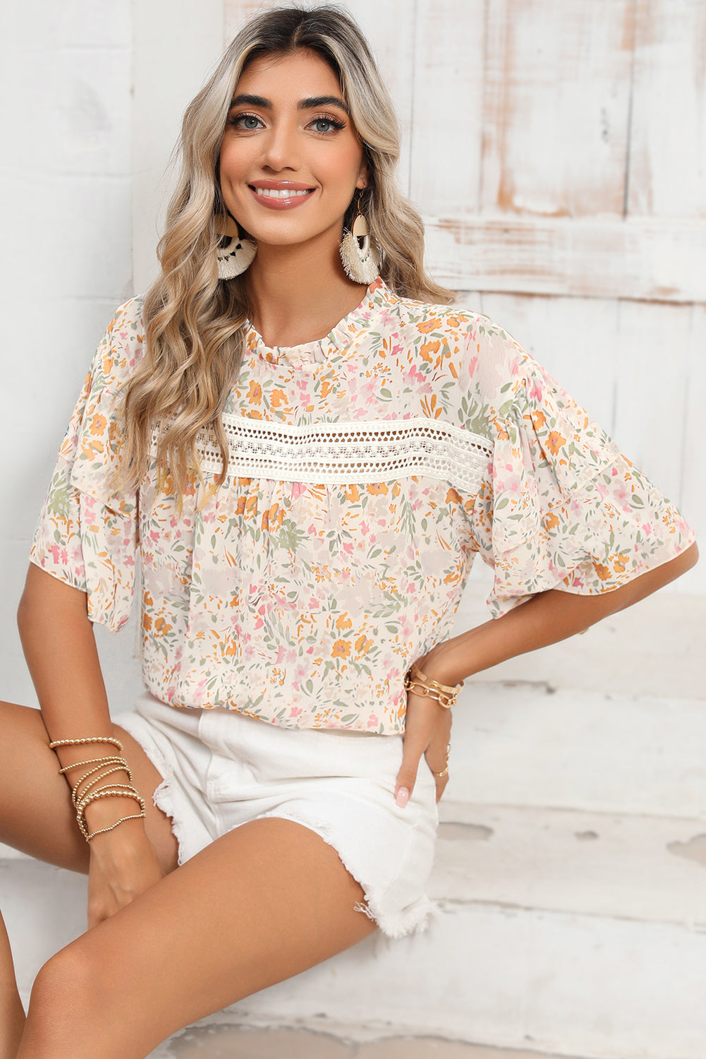 Multicolor Floral Print Wide Batwing Sleeves Blouse