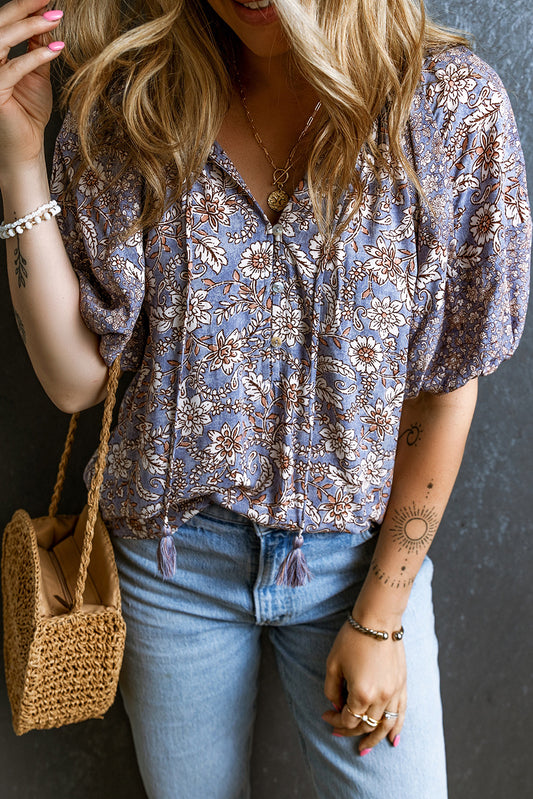 Purple Boho Floral Tassel Tie Split Neck Bubble Sleeve Blouse