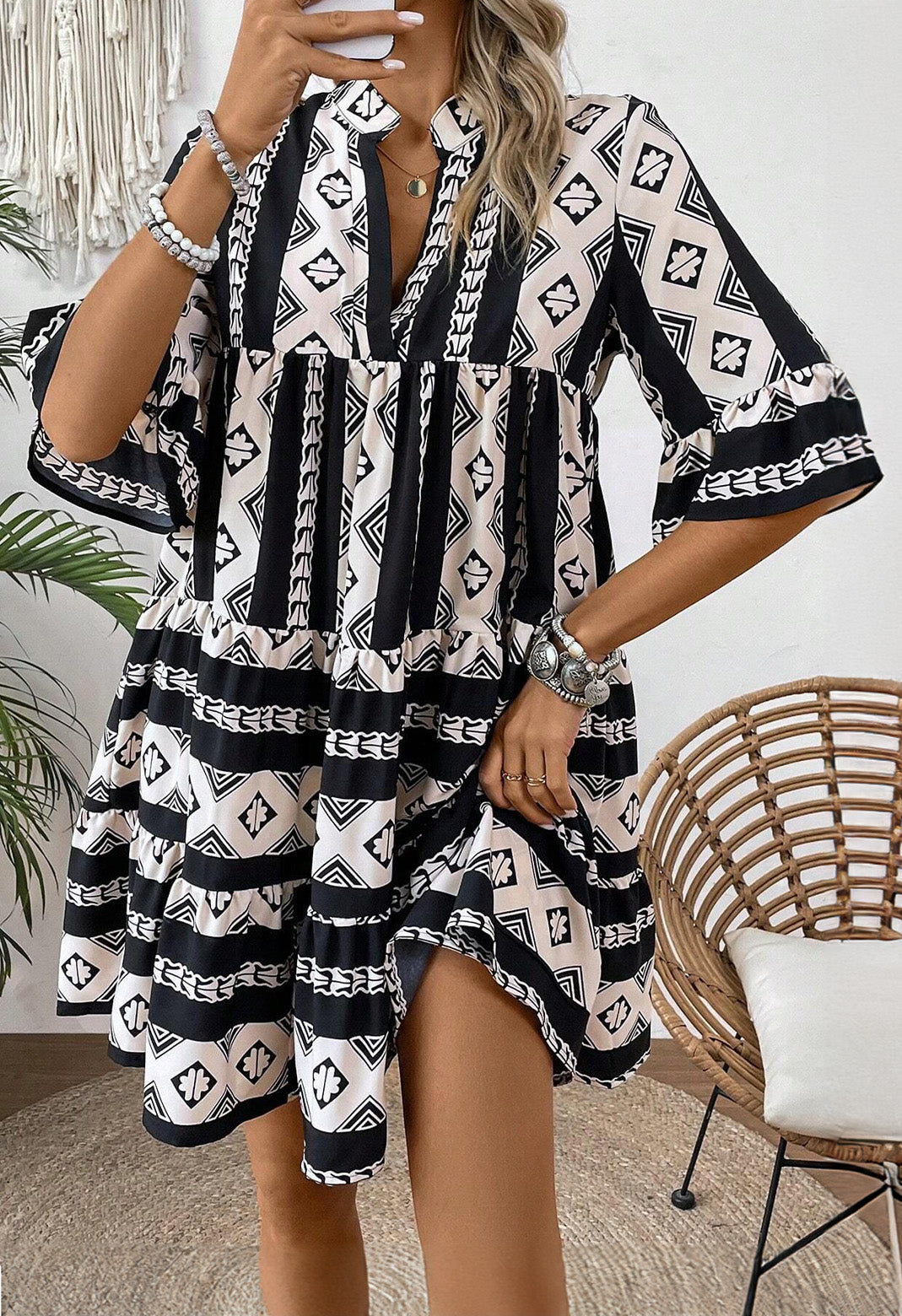 Blue Abstract Print Bell Sleeve V Neck Boho Tiered Dress