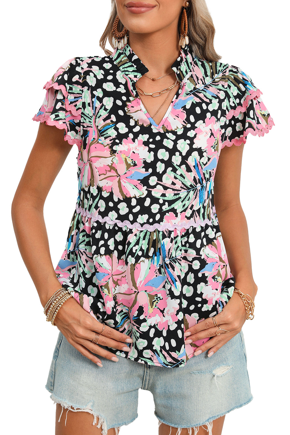 Pink Boho Floral Print Ricrac Splicing Short Sleeve Blouse