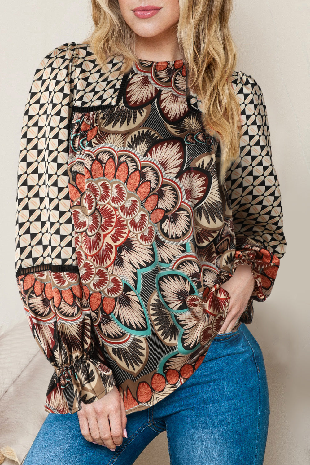 Bohemian Patterned Pullover Long Sleeve Blouse