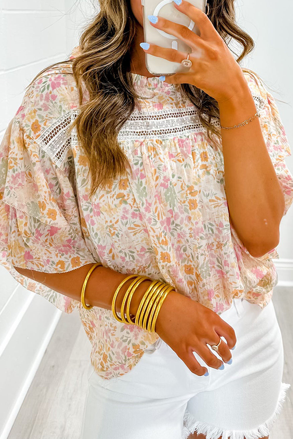 Multicolor Floral Print Wide Batwing Sleeves Blouse