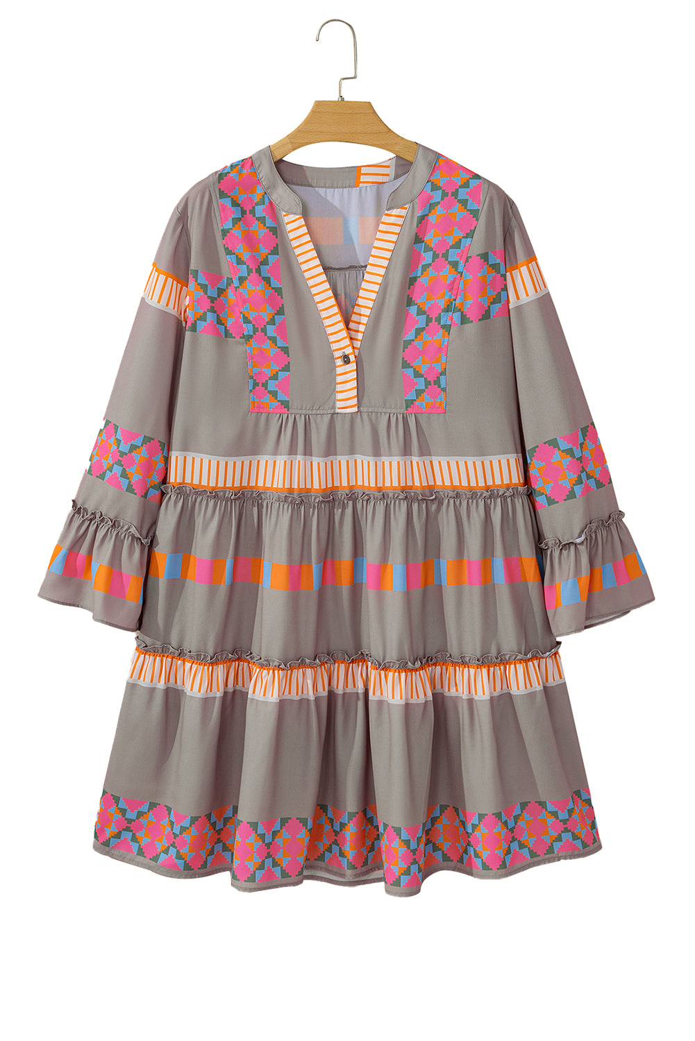 Simply Taupe Ethnic Geometric Print Ruffle Mini Dress