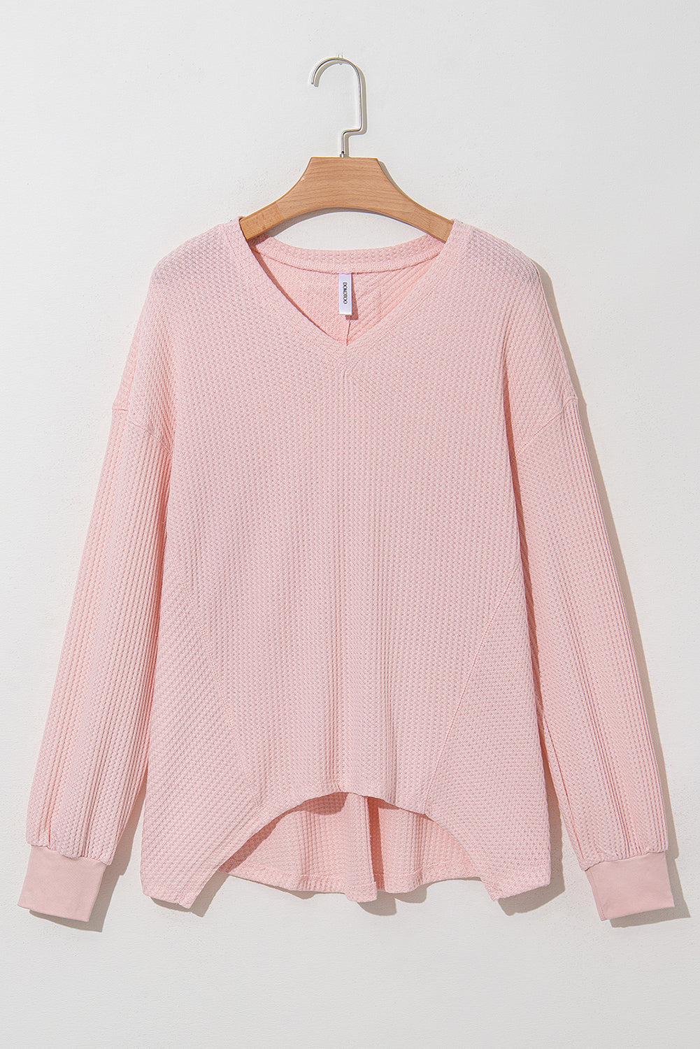 Light Pink Waffle V Neck Long Sleeve Drop Shoulder Loose Blouse