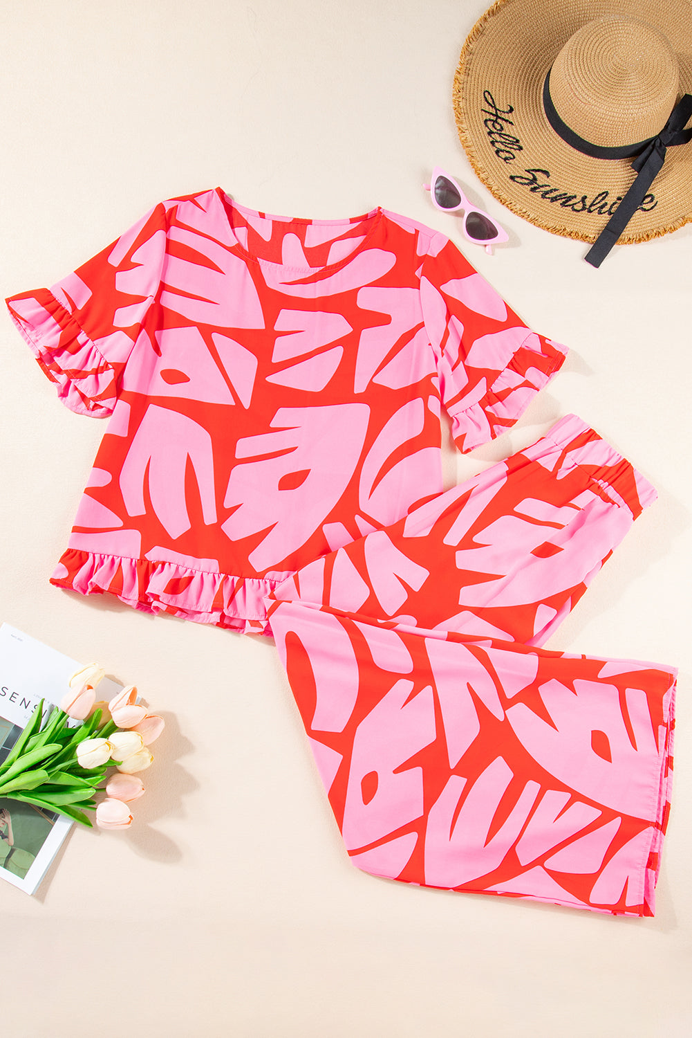 Strawberry Pink Abstract Print Ruffle Hem Tee and Wide Leg Pants Set