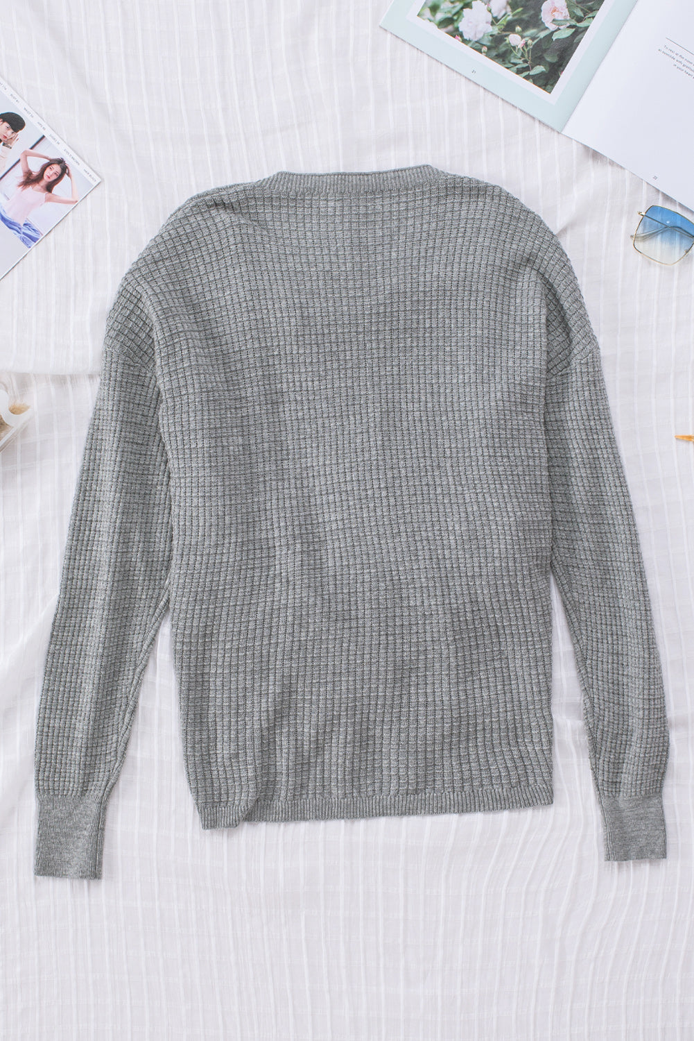 Grey Wrap Deep V-neck Casual Long Sleeve Knit Sweater