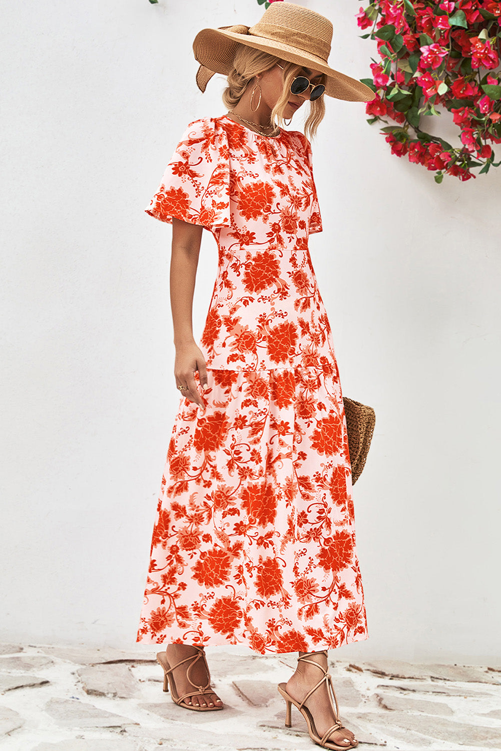 Orange Floral Print Knotted Back Round Neck Maxi Dress