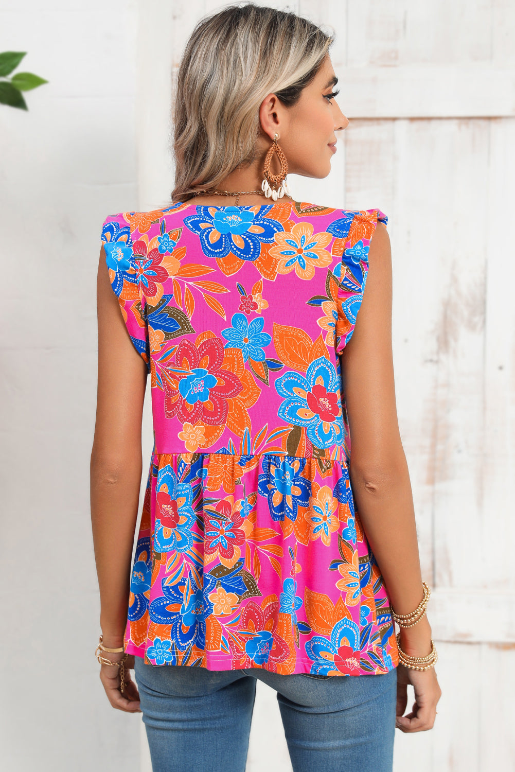 Rose Red Paisley Print Boho Ruffle Hem Sleeveless Shirt