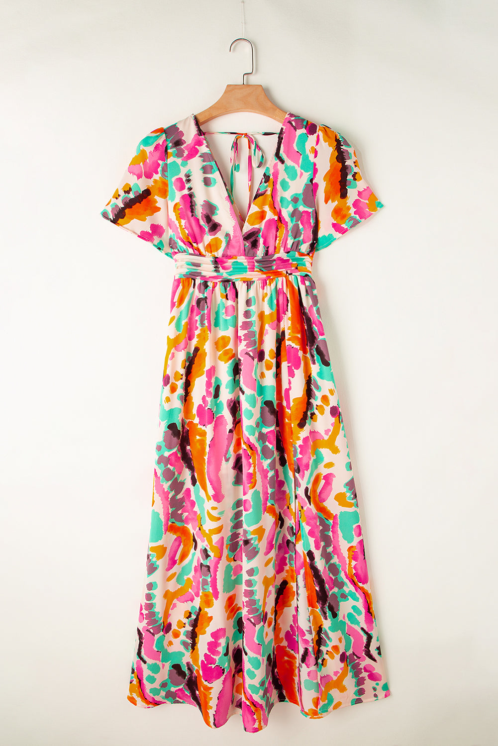 Pink Boho Tie Dye Print V Neck Side Split Maxi Dress