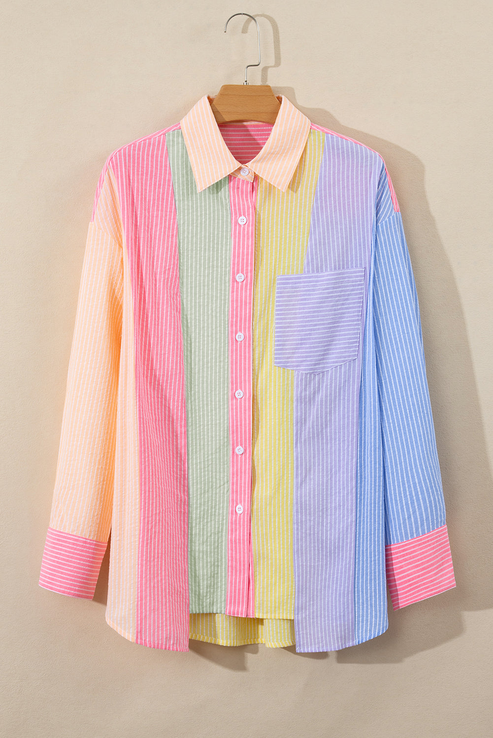 Pink Stripe Color Block Chest Pocket Oversized Shirt