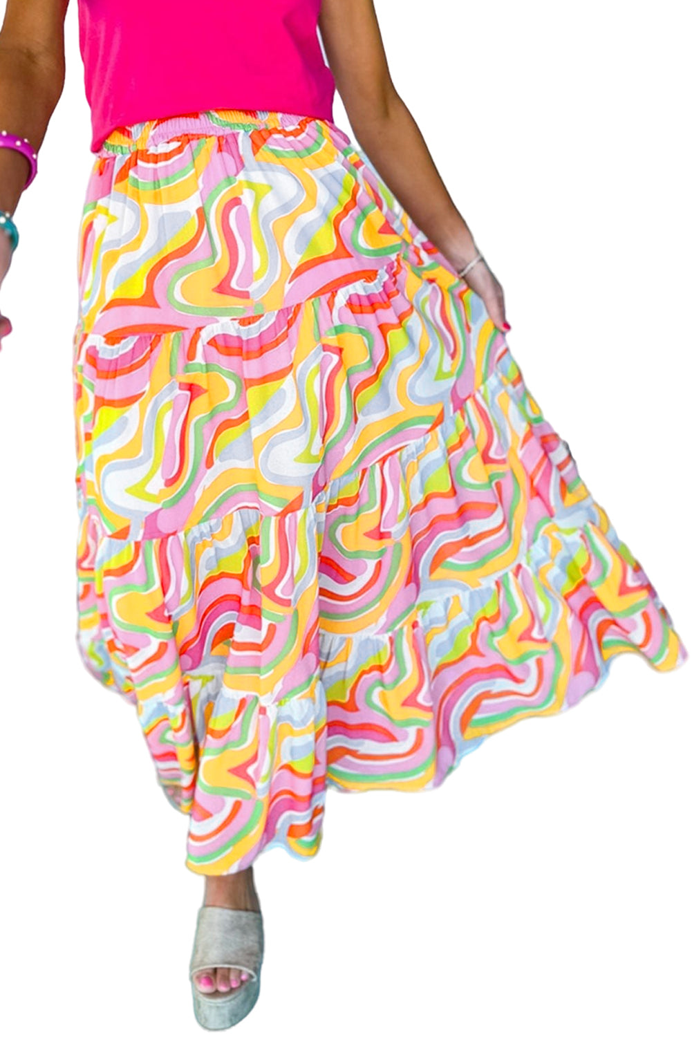 Pink Bohemian Abstract Print Tiered Maxi Skirt