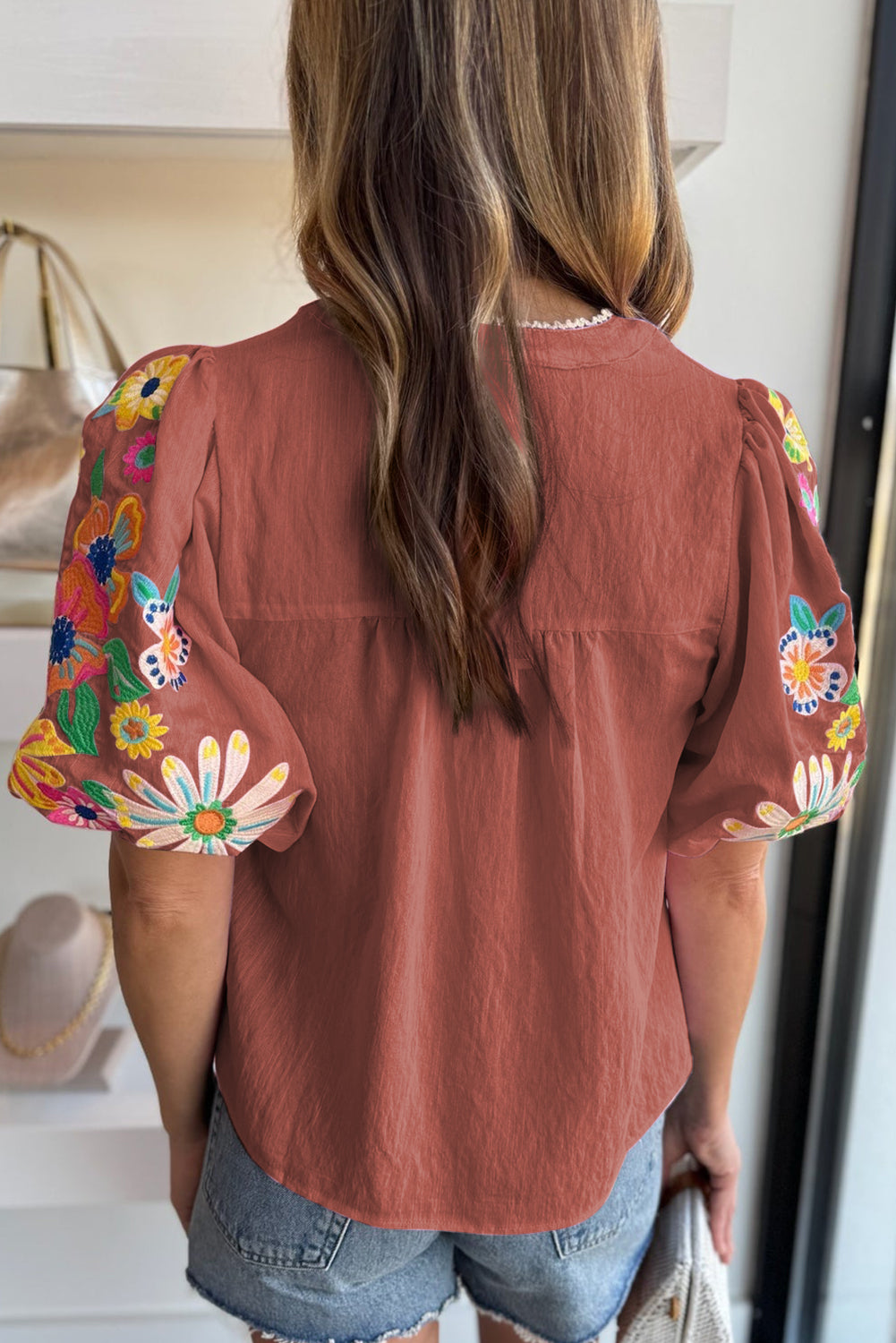 Mineral Red Floral Embroidered Puff Sleeve Split Neck Blouse