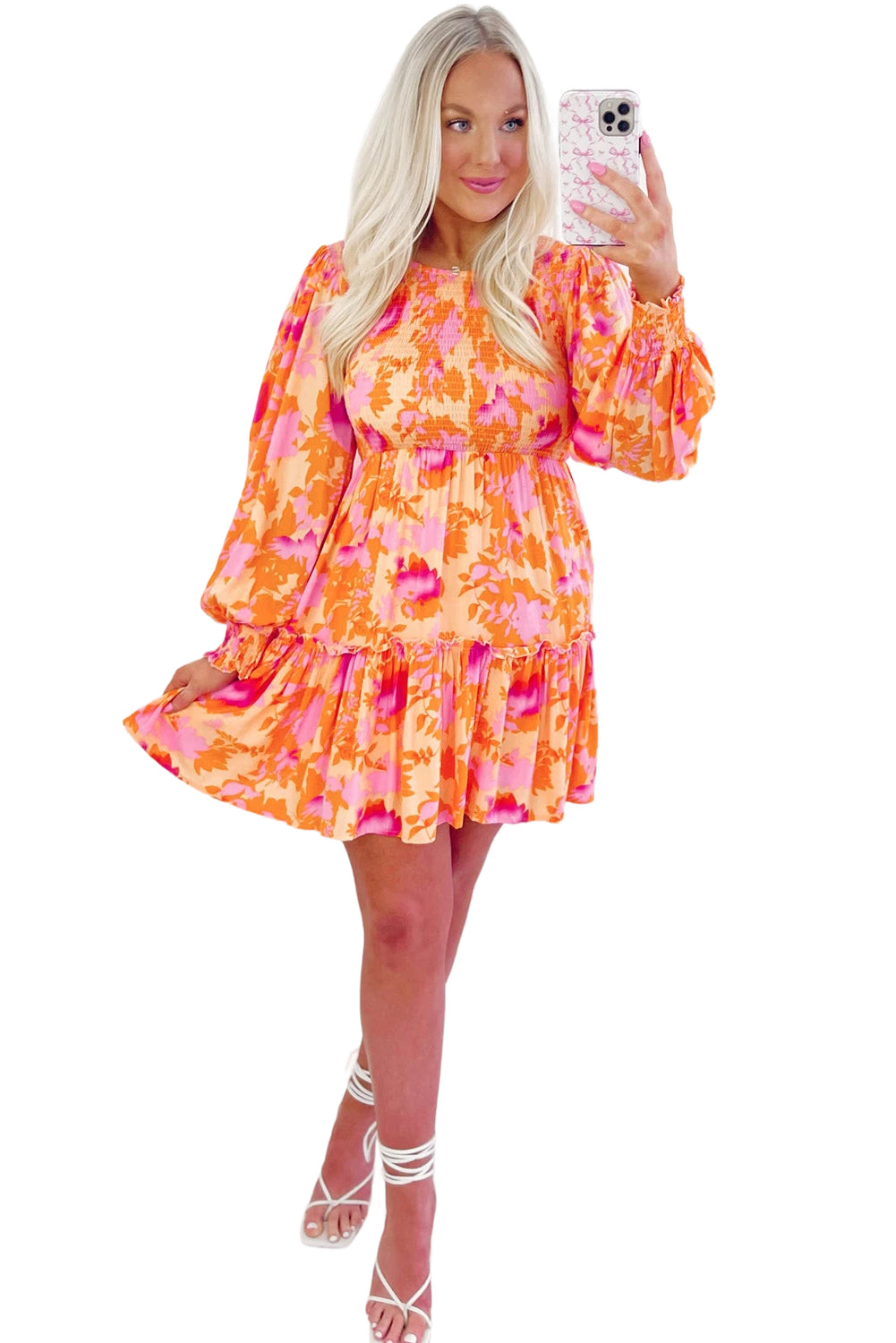 Orange Abstract Print Smocked Bust Lantern Sleeve Ruffle Mini Dress