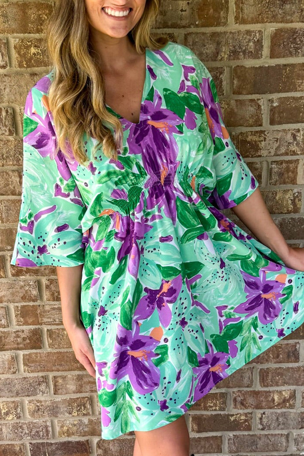 Green Lily Floral V Neck Empire Waist Mini Dress